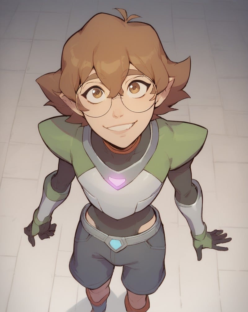 score_9, score_8_up, score_7_up, score_6_up, score_5_up, score_4_up,    <lora:Pidge_V1:1>      Pidge-Gunderson,  Voltron, 1girl, solo, looking at viewer, smile, short hair, brown hair, brown eyes, glasses, shorts, paladin armor, from above, looking up, round eyewear, trap