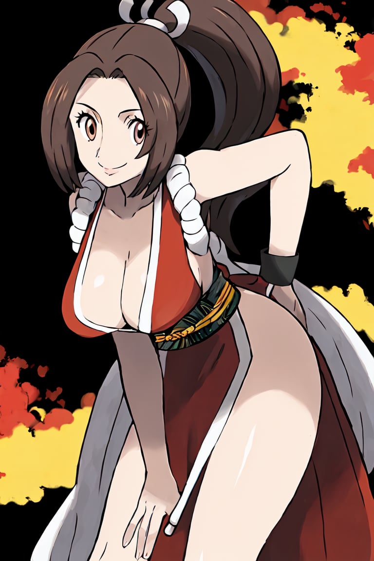 masterpiece, best quality, solo, generation 4, shiranui mai, kunoichi dress, large breasts, ponytail, smile, leaning forward, (fire:1.3), simple backgound <lora:Shiranui Mai (Fatal Fury):1> <lora:Pokemon (Style):1>