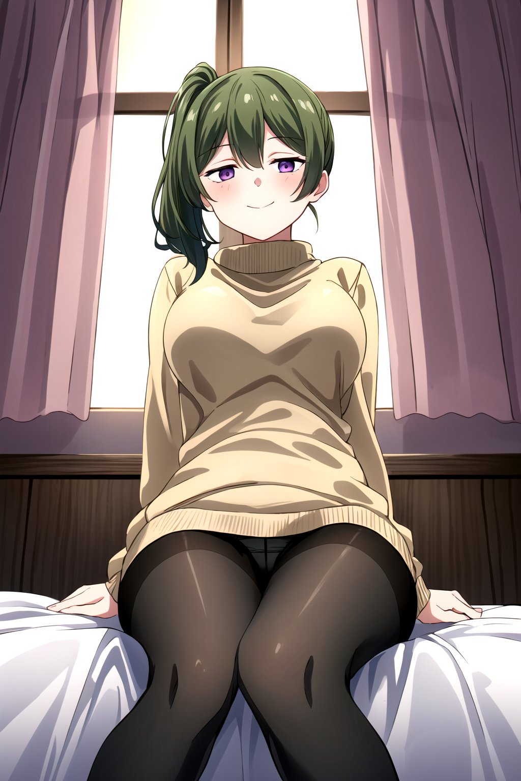 (masterpiece, best quality, highres, dynamic lighting), <lora:add_detail:0.4>, looking at viewer, blush, closed mouth, happy, mature female, large breasts, looking at viewer, on bed, bedroom, <lora:ubel-10:0.7>, ubel, side ponytail, virgin killer sweater, arms behind back, sitting, from below, black pantyhose, purple eyes