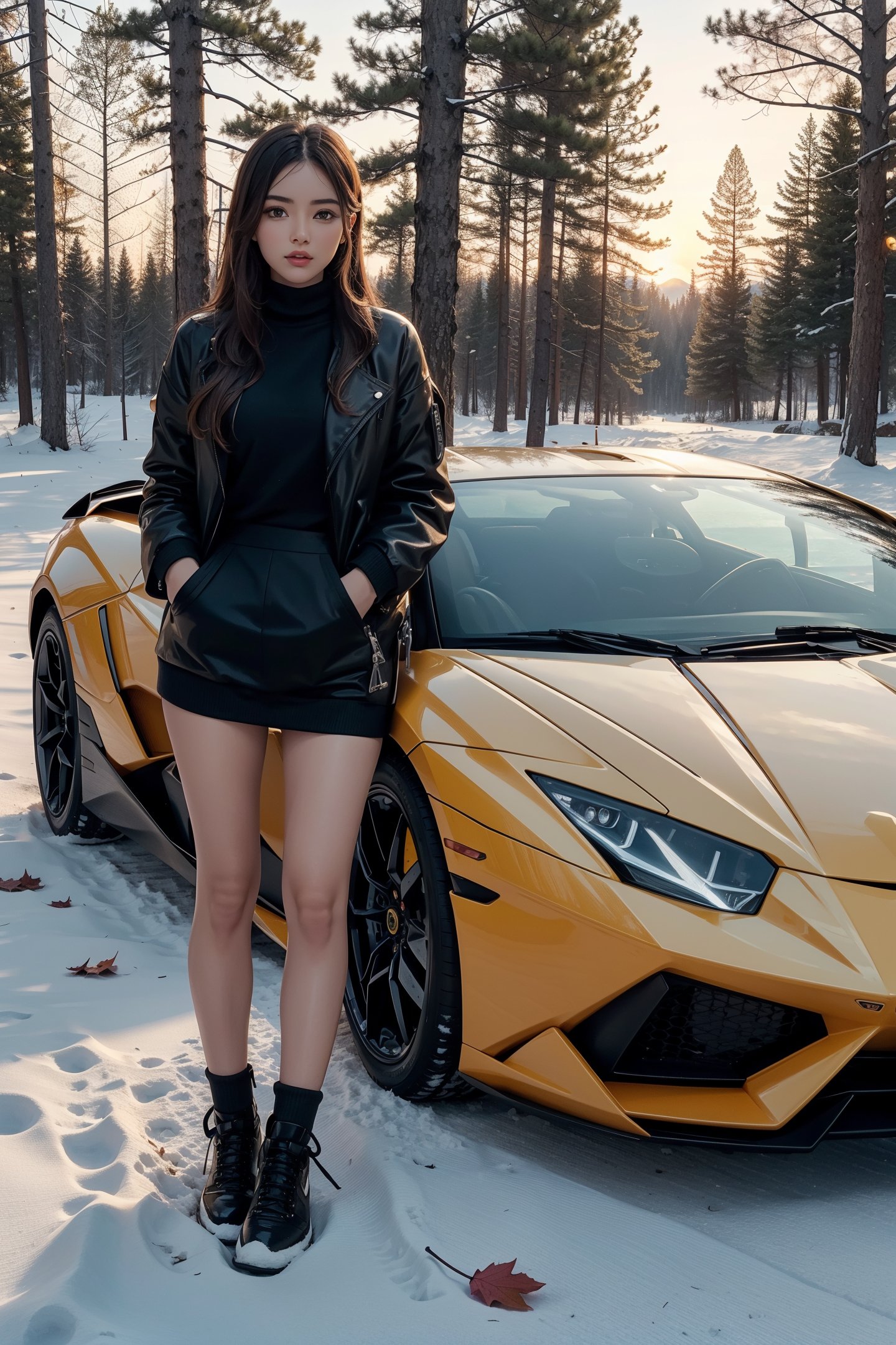 1girl standing next to a Lamborghini,autumn forest, sunset, leaves falling, first snow,