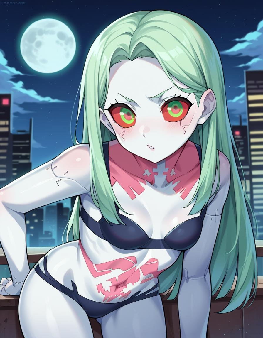 score_9, score_8_up, score_7_up, source_anime,cyberpunkrebecca, <lora:cyberpunk-rebecca-ponyxl-lora-nochekaiser:1>,rebecca, long hair, green eyes, green hair, colored skin, colored sclera, white skin, red sclera, artificial eye, mechanical eye, cyborg, red pupils, small breasts,underwear, bra, black bra, stomach tattoo, neck tattoo,outdoors, cityscape, night, moon, bent over,looking at viewer, dutch angle, cowboy shot,