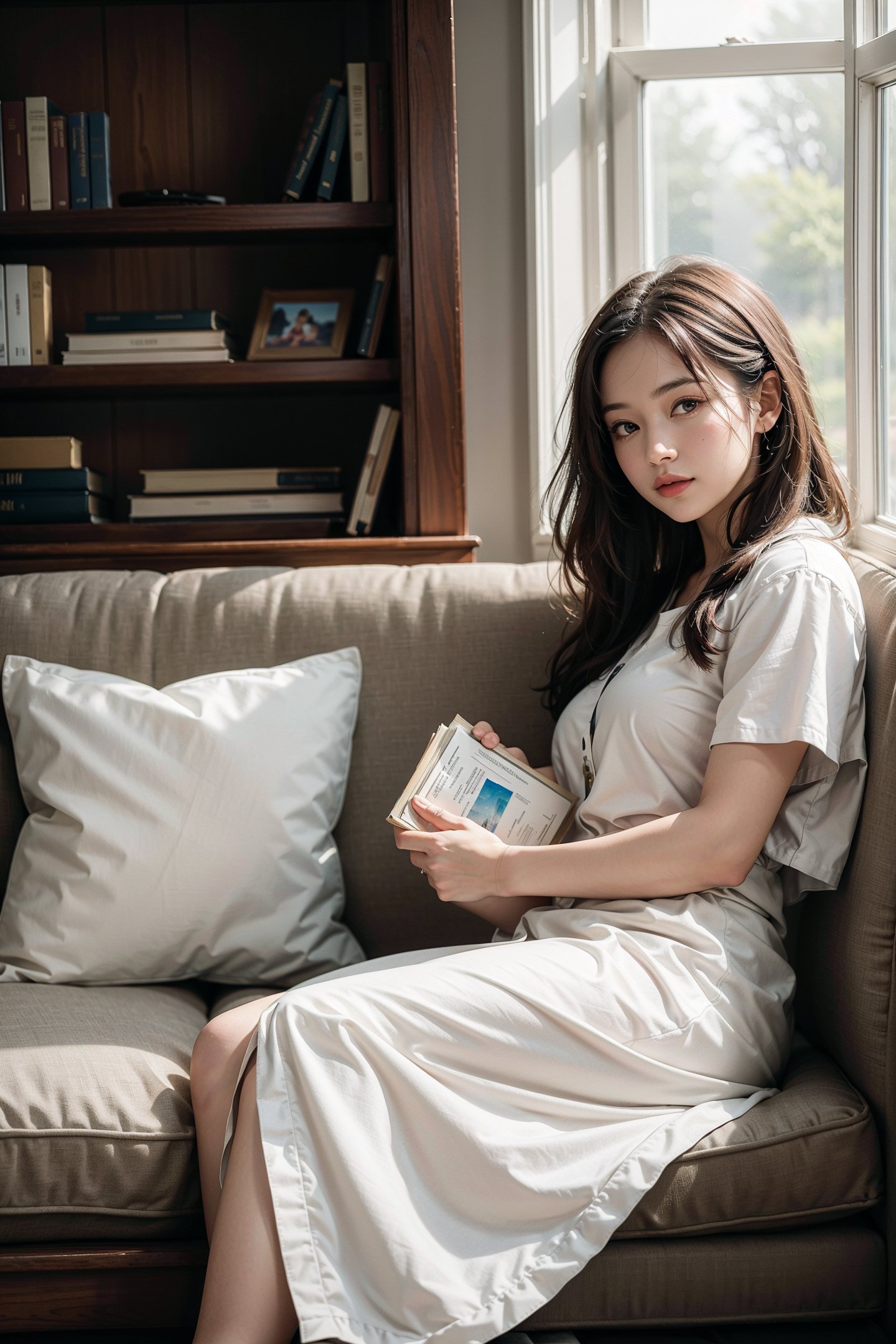 A woman reading in a window sill with cushions, next to the window are bookshelves on both sides, 8k, masterpiece, award winning art, amazing natural lighting, painterly, watercolors