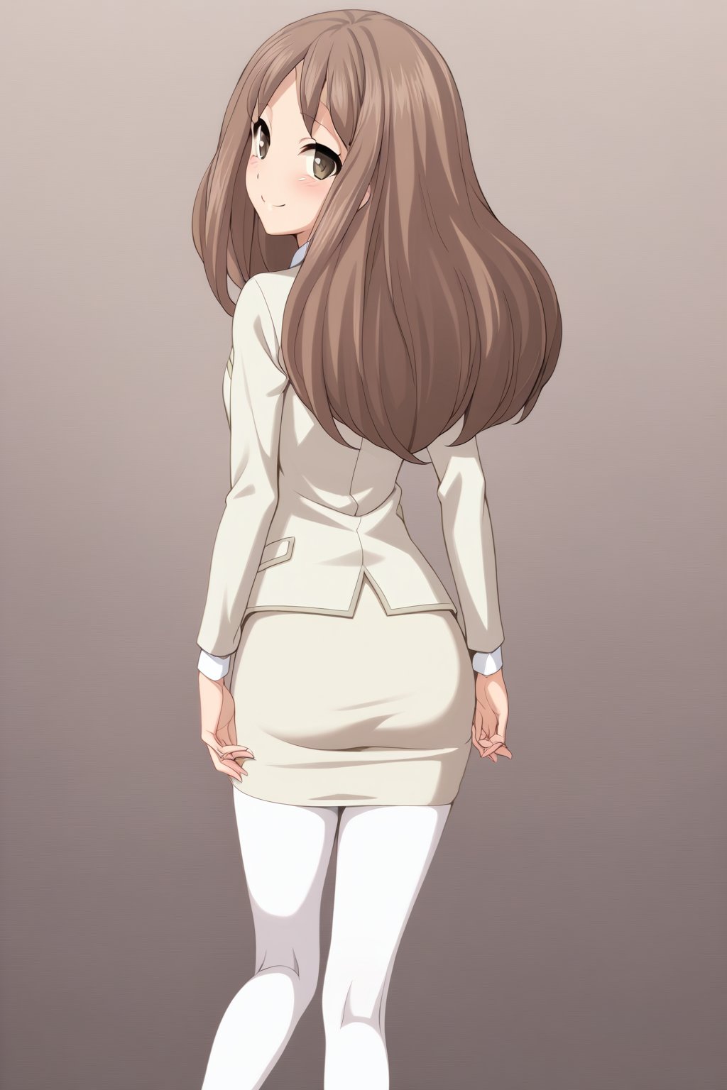 1girl,Hoshitsuki Orihime,teacherorihime,teacher clothing,pencil skirt,white pantyhose,masterpiece,best quality,solo,very aesthetic,absurdres,game cg,(detailed beautiful eyes:1.2),(beautiful face:1.2),simple background,white background,<lora:HoshitsukiOrihimeXL:1>,from behind,full body,looking back,smile,blush,