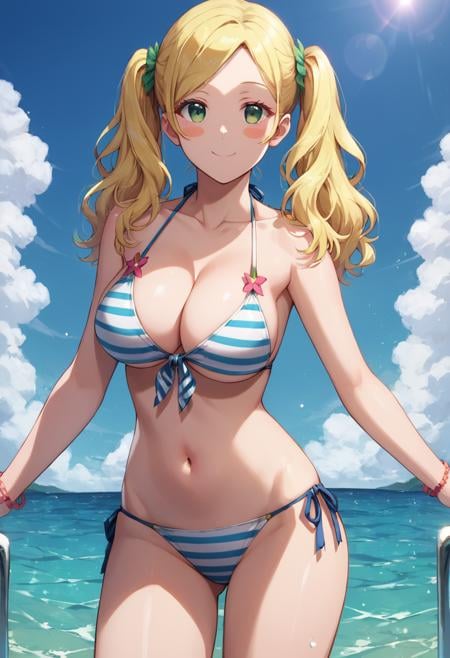 masterpiece,best quality, highly detailed, score_9, score_8_up, score_7_up, score_6_up,<lora:xl_more_art-full_v1:0.8>,BREAK <lora:carol:0.8>carol,1girl, breasts, swimsuit, solo, blonde hair, bikini, twintails, striped, smile, sky, navel, day, looking at viewer, cloud, cleavage, large breasts, blue sky, green eyes, long hair, blush stickers, outdoors, collarbone, front-tie top