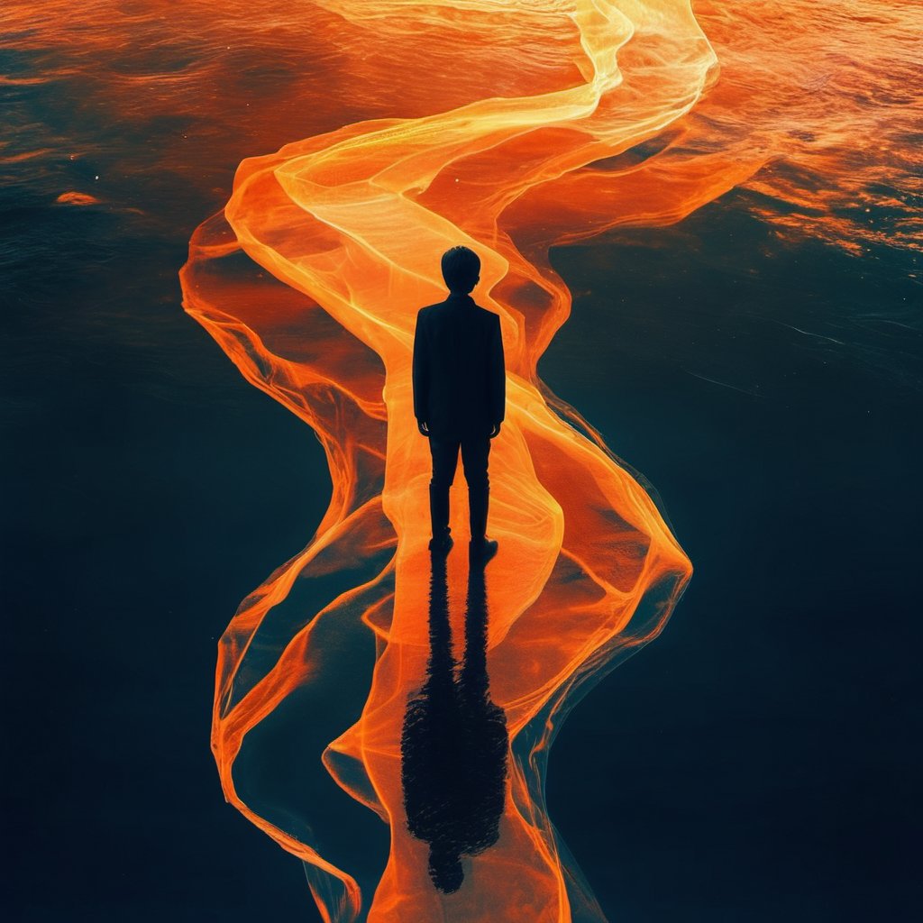 zailus,solo,short hair,1boy,standing,male focus,from behind,glowing,fish,size difference,silhouette,facing away,giant,surreal,orange theme,<lora:lora-000008:1>,