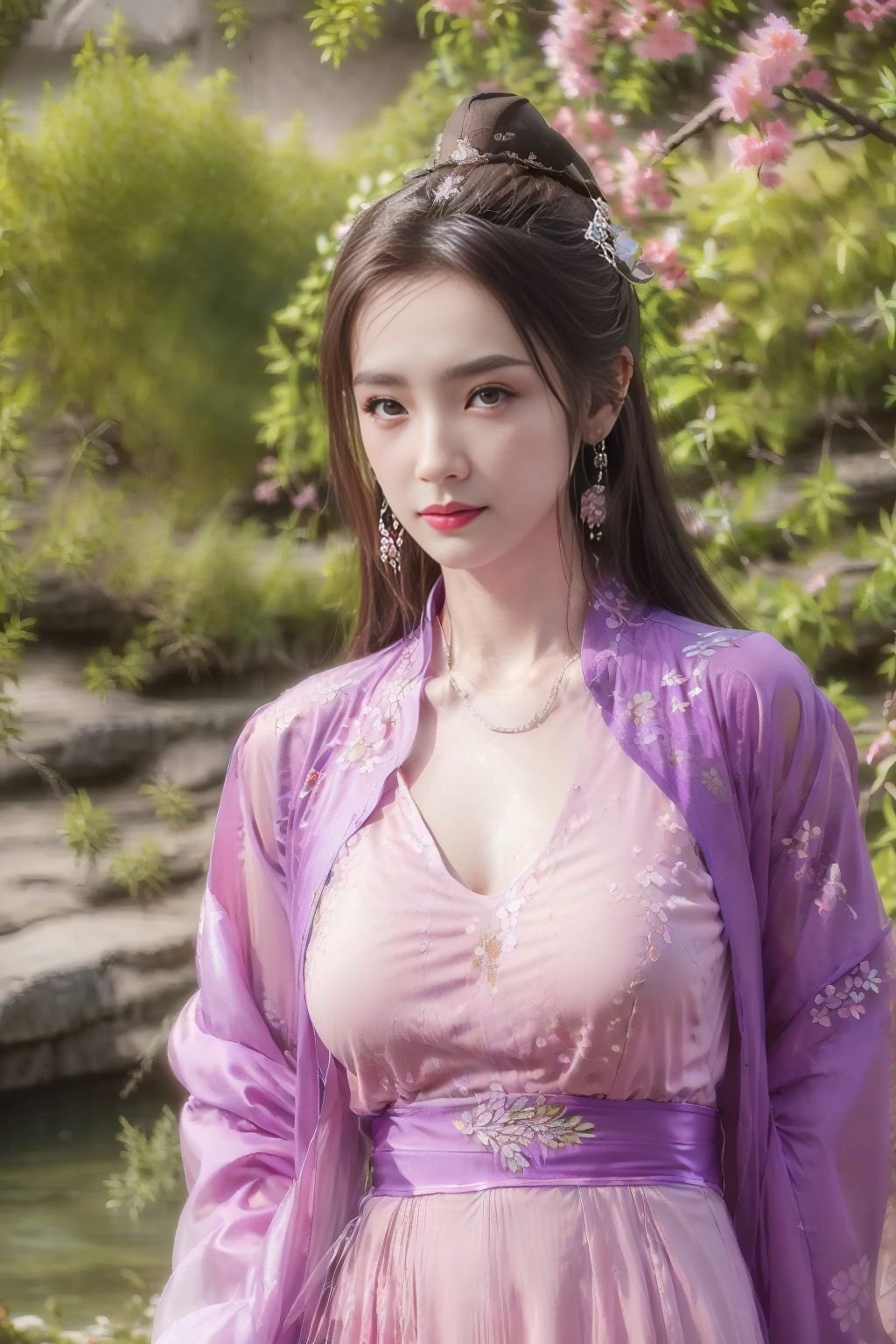 (best quality:1.3, masterpiece:1.3),realistic,(photorealistic:1.2),ultra high res,(1girl, solo),atmospheric perspective,fashi-girl detailed face,make up,(hanfu:1.2),pink lips,parted lips,closed mouth,shiny skin,(brown hair),very long hair,looking at viewer,blueeyes,earrings,slim body,perfect lighting,(front lighting),physically-based rendering,extremely detailed CG unity 8k wallpaper,lips,(china dress, dress:1.2),hair ornament,necklace,jewelry,long hair,earrings,(chinese clothes:1.2),large breasts,outdoors,water,river,Standing by the river,nature,mountain,depth of field,lens 135mm,f1.8,lens flare,floating sakura,flying butterfly,unbuttoned clothes,(upper body:2),dress,jewelry,flower,earrings,,purple dress,