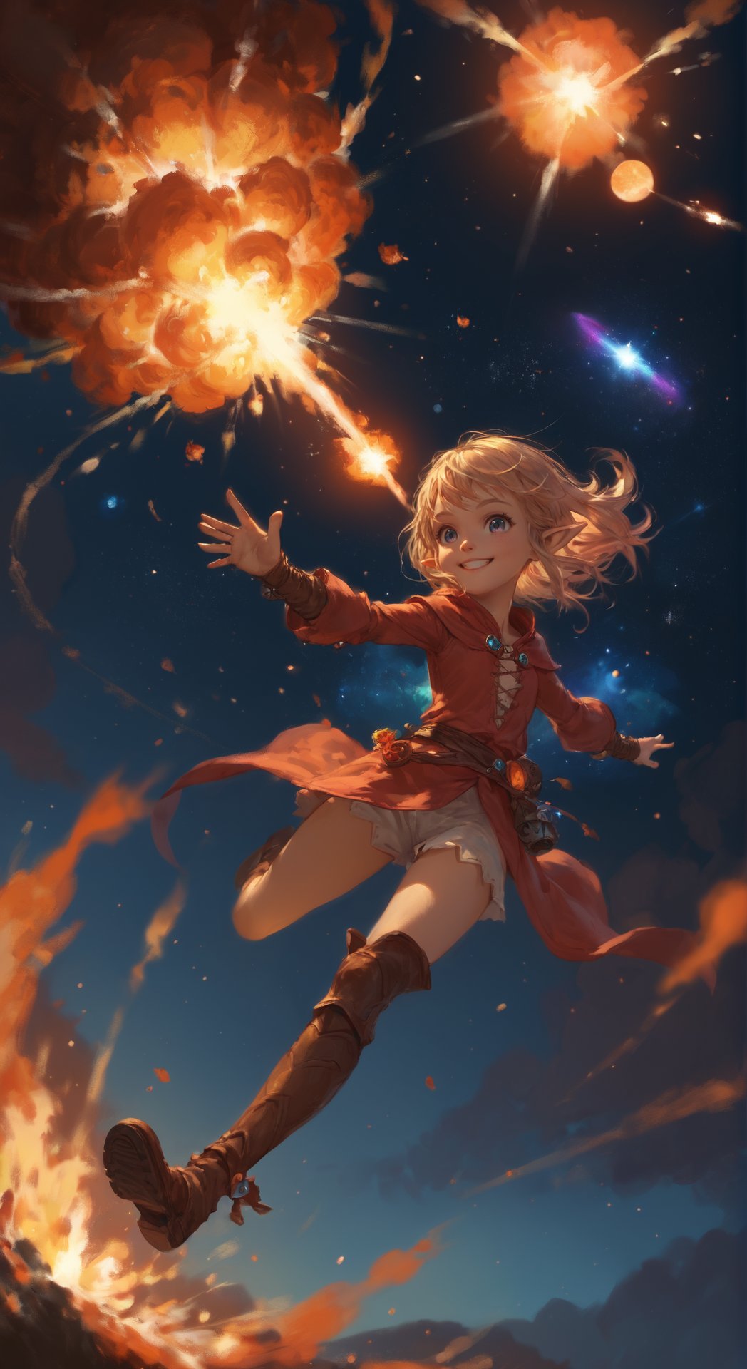 score_9, score_8_up, score_7_up, BREAK, cute elf, mage, magick, space, colorful, explosion, smile, fantasy, floating