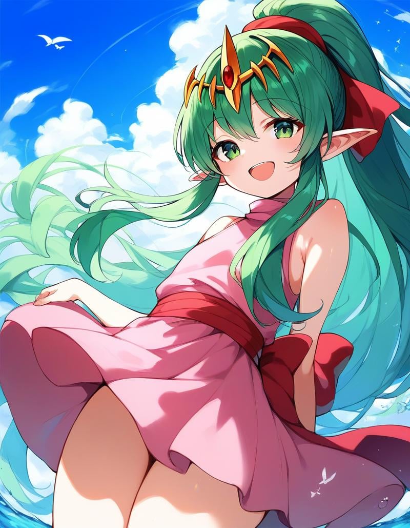 score_9, score_8_up, score_7_up, source_anime, rating_explicit, BREAK  <lora:Tiki_FE_XL:1> Tiki, pointy ears, long hair, green hair, ponytail, tiara, green eyes, flat chest, hair ribbon, very long hair, short stack,outdoors, smile, sky, open mouth, dress, short dress, cloud, sleeveless, pink dress, looking at viewer, day, blue sky, sleeveless dress, flower,  thighs, 