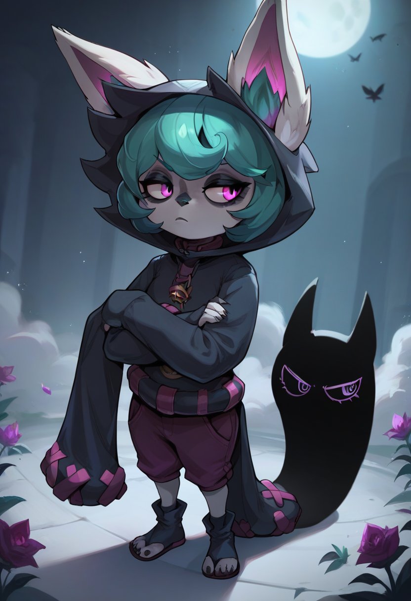 score_9, score_8_up, score_7_up, score_6_up, v3x, 1girl, yordle, pink eyes, green hair, short hair, hoodie, hood, hood up, ears through headwear, long sleeves, pants, toeless footwear, <lora:Vex_Default_v1:0.9>, solo, looking away, crossed arms, mad, sleeves past wrists,sleeves past fingers