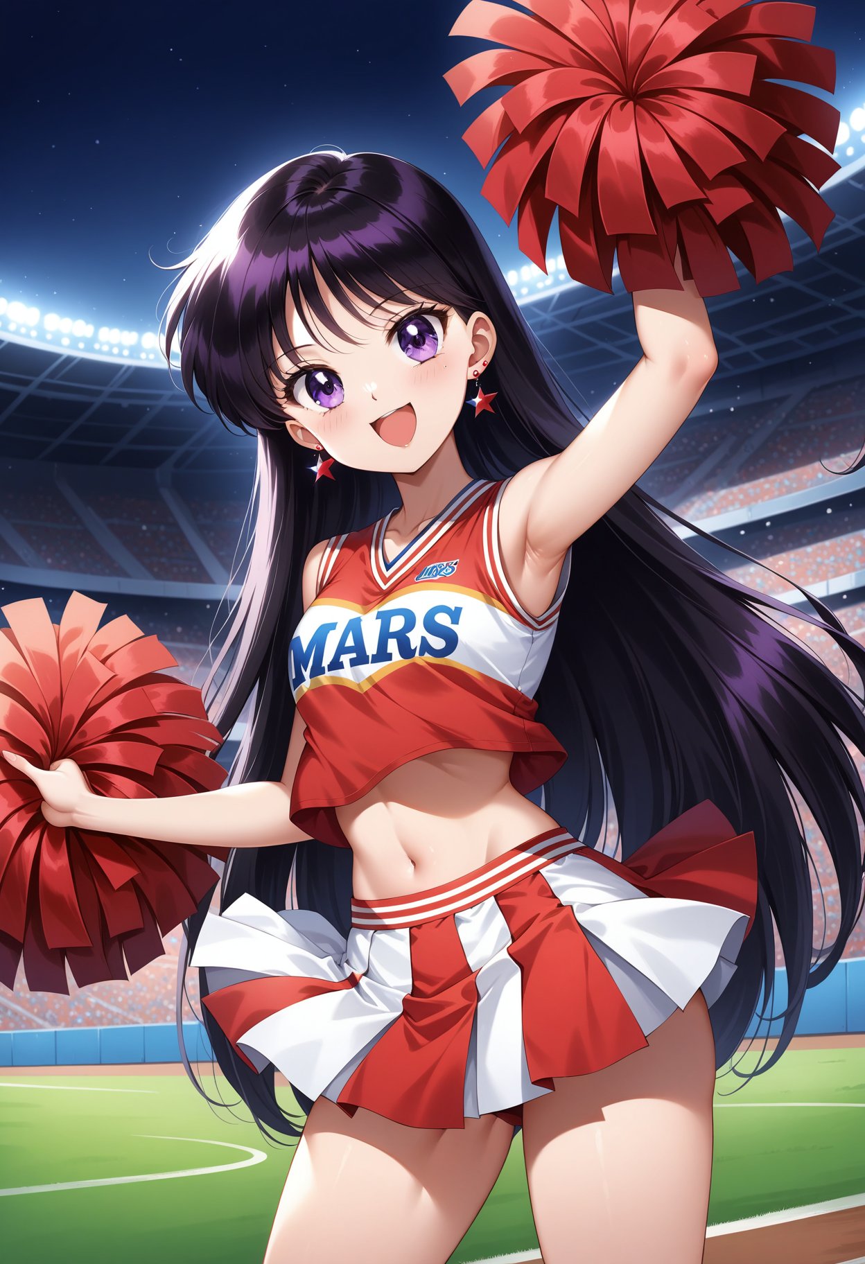 (masterpiece, best quality, very aesthetic, ultra detailed), intricate details, 4k, aamars, long hair, black hair, earrings, <lora:sailor_mars_animaginexl_v1:0.9>, stadium, cheerleader, pom pom \(cheerleading\), midriff, standing, cowboy shot, smile, open mouth, arm up, mars