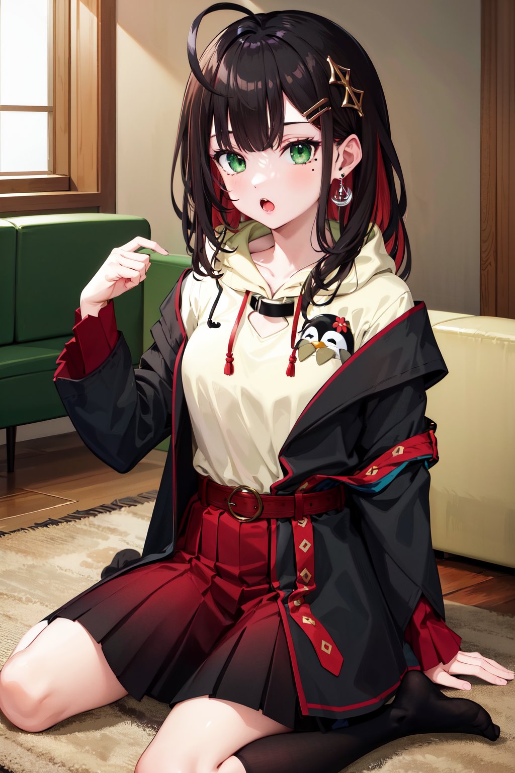 masterpiece, best quality, highres, aayui, medium hair, multicolored hair, hair ornament, ahoge, green eyes, mole under eye, earrings, collared shirt, hoodie, penguin, hood, black jacket, open clothes, long sleeves, belt, red skirt, pleated skirt, <lora:hizuki_yui_v1:0.7>, black socks, living room, wariza, :o