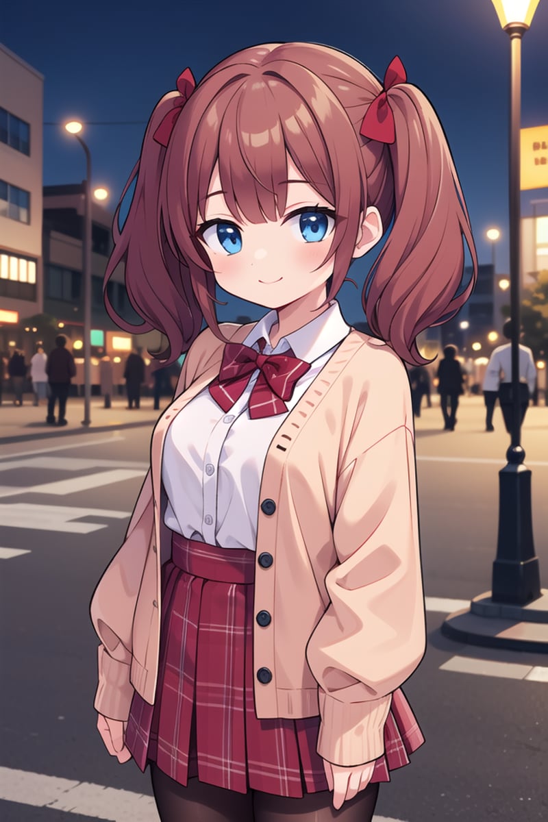 insanely detailed, absurdres, ultra-highres, ultra-detailed, best quality,1girl, solo, nice hands, perfect handsBREAK(School Uniforms:1.2), (pink cardigan is fit body:1.4), ((do up a buttons, not loose):1.5), ((long sleeve, sleeves past wrists):1.2), (inner wear is white collared-shirt:1.3), (red plaid-pattern bow:1.3), (red plaid-pattern pleated skirt:1.3), ((dark-brown pantyhose, loafers):1.2)BREAK(nsfw:-1.5)BREAKhappy smile, laugh, closed mouthBREAK,standing, cowboy shot, looking at viewerBREAKslender, kawaii, perfect symmetrical face, ultra cute girl, ultra cute face, ultra detailed eyes, ultra detailed hair, ultra cute, ultra beautifulBREAKin street, cityscape in harajuku, depth of field, ultra detailed backgroundBREAKmedium large breastsBREAKhime cut, (low twintails:1.3), messy hair, medium hair, (red brown hair, dark blue eyes:1.3)<lora:eyecolle_torenia_v100:0.5> <lora:eyecolle_nadeshiko_v100:0.5>