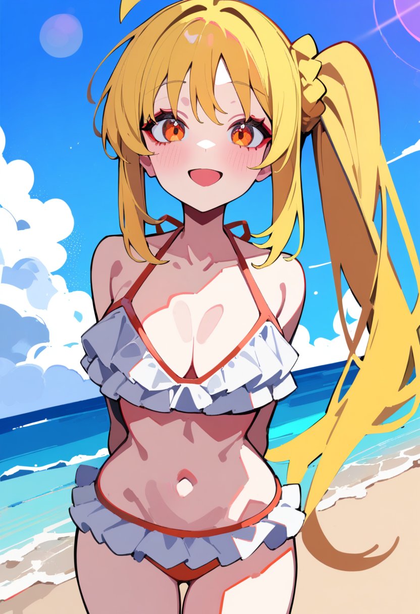 1girl, solo, ijichi nijika, bocchi the rock!, sketch, lam \(ramdayo\),long hair, blonde hair, side ponytail, ahoge, orange eyes, medium breasts, bikini, frills, open mouth, smile, arms behind back,beach, lens flare,masterpiece, best quality, very aesthetic, absurdres,