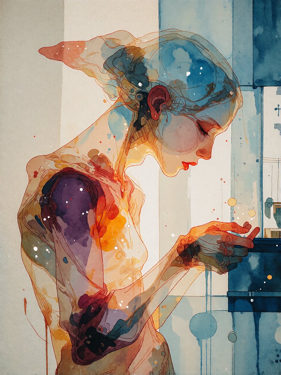 Bradhamel art style. A vertically oriented abstract painting of a surreal,  layered composition featuring organic and mech...