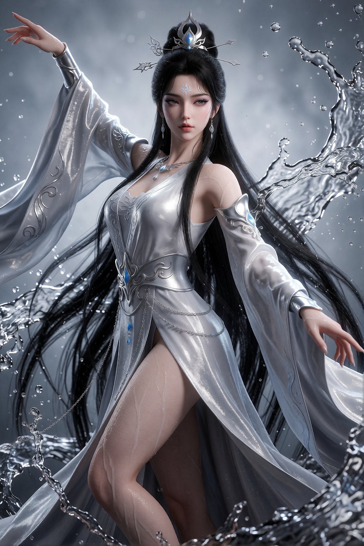 国漫美女,  穿着银色汉服群,  整体气质神圣、清冷、神秘 by 天海TianHai on Tensor.Art