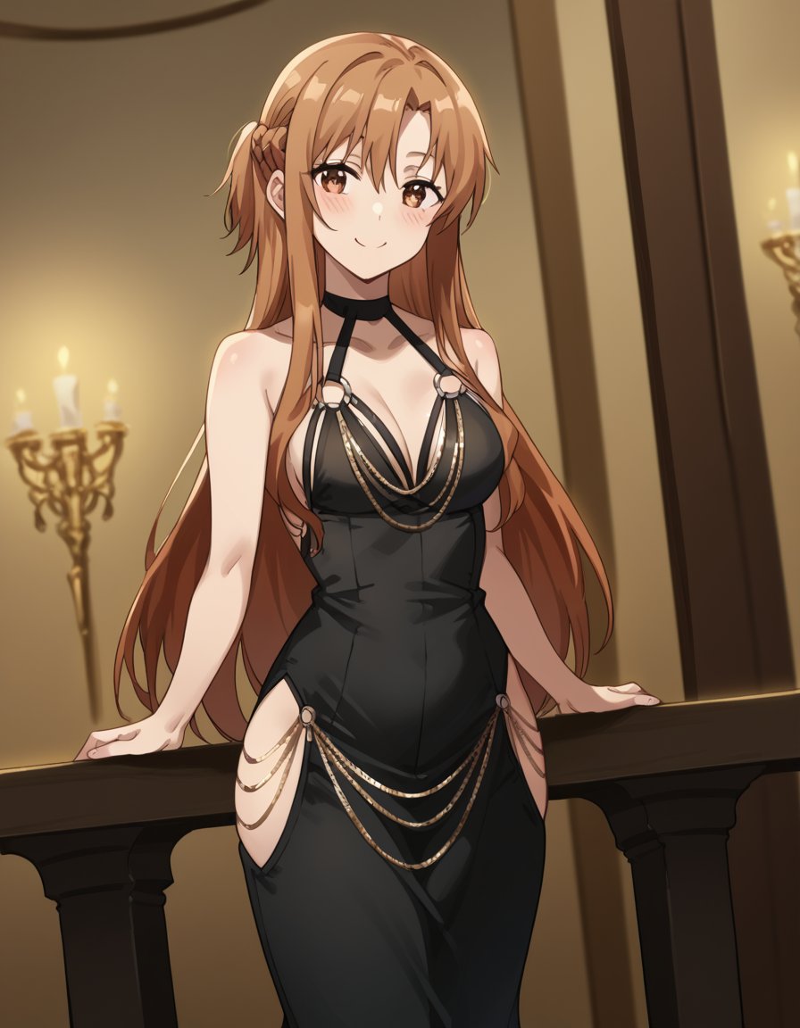 score_9, score_8_up, score_7_up, source_anime, asunayuuki, <lora:asuna-yuuki-s1-ponyxl-lora-nochekaiser:1>, asuna yuuki, long hair, brown hair, brown eyes,, <lora:madokawa-dress-ponyxl-lora-nochekaiser:1>, modakawa dress, gold chain, tight dress, hip vent, low neckline, criss-cross back-straps, taut dress, evening gown, o-ring dress, black dress, backless dress,, indoors, smile, blush,, cowboy shot, dutch angle,