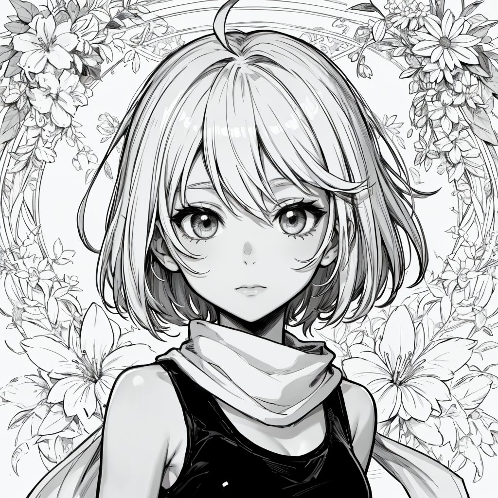 1girl, monochrome, lineart, abstract, flower, leaf, vine, whitework, mature face, white hair, short hair, hair flaps, ahoge, lace tank top, scarf