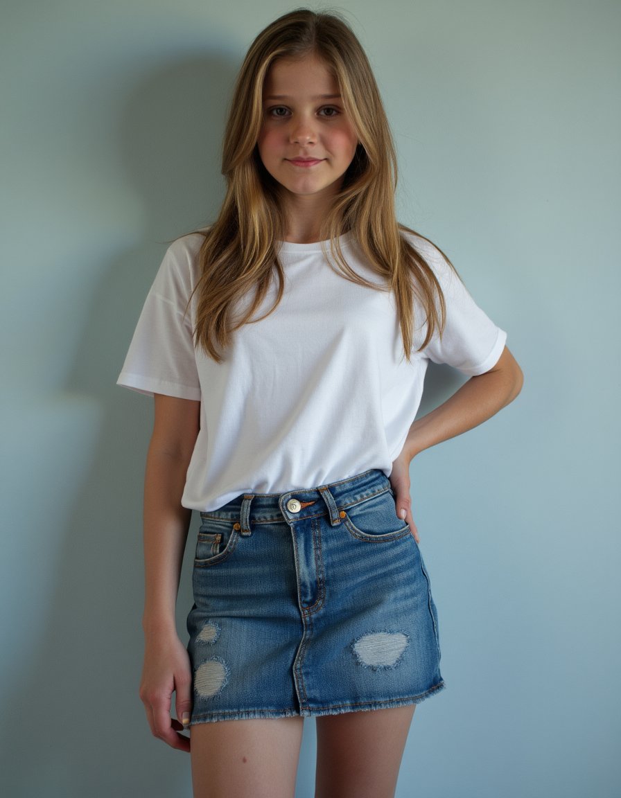 girl,  wearing Denim mini skirt and t-shirt by Peli86 on Tensor.Art
