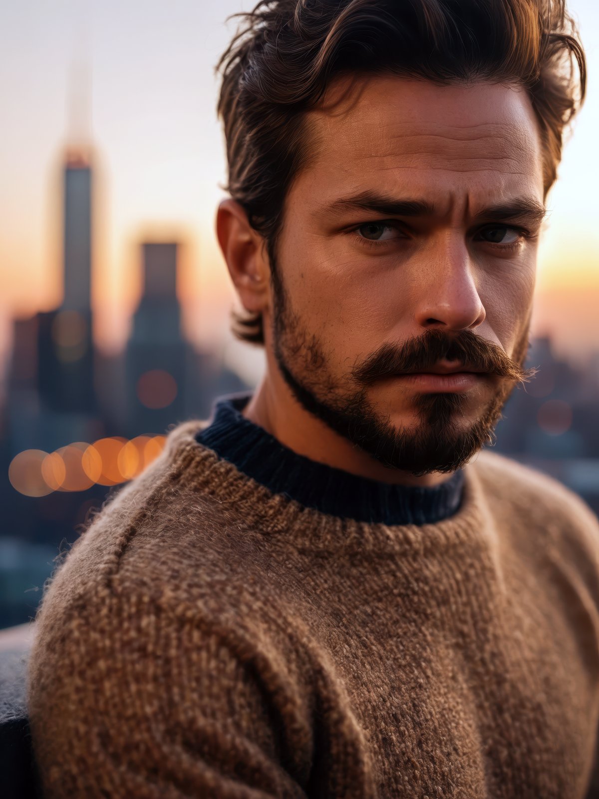 closeup photo of a man wearing fitted sweater, facial hair, blurred city skyline, urban rooftop, twilight, natural light, city lights, subtle backdrop, intense and introspective mood, skin texture, modern (rugged:0.4) aesthetic, thoughtful expression, charismatic, bokeh, cinemascope, moody, epic, gorgeous, film grain