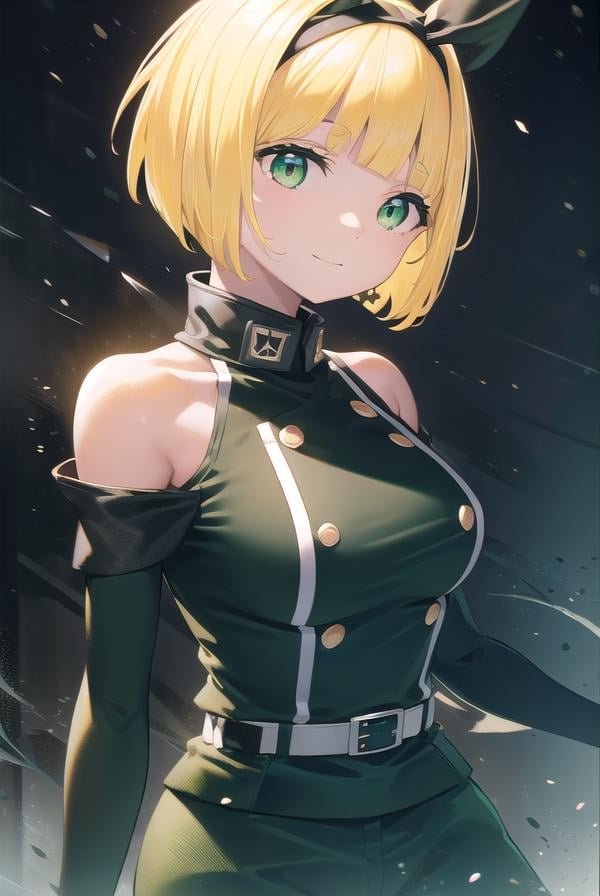 shushusuruga, <lora:shushu suruga manga-lora-nochekaiser:1>,shushu suruga, short hair, bangs, hair ribbon, hairband, blunt bangs, thick eyebrows, (green eyes:1.5), (yellow hair:1.5), smile,BREAK gloves, shorts, elbow gloves, belt, buttons, military uniform, military, (bare shoulders:1.5), (black military uniform:1.7),BREAK outdoors, space, starry sky, star \(sky\), moon,BREAK looking at viewer, (cowboy shot:1.5),BREAK <lyco:GoodHands-beta2:1>, (masterpiece:1.2), best quality, high resolution, unity 8k wallpaper, (illustration:0.8), (beautiful detailed eyes:1.6), extremely detailed face, perfect lighting, extremely detailed CG, (perfect hands, perfect anatomy),