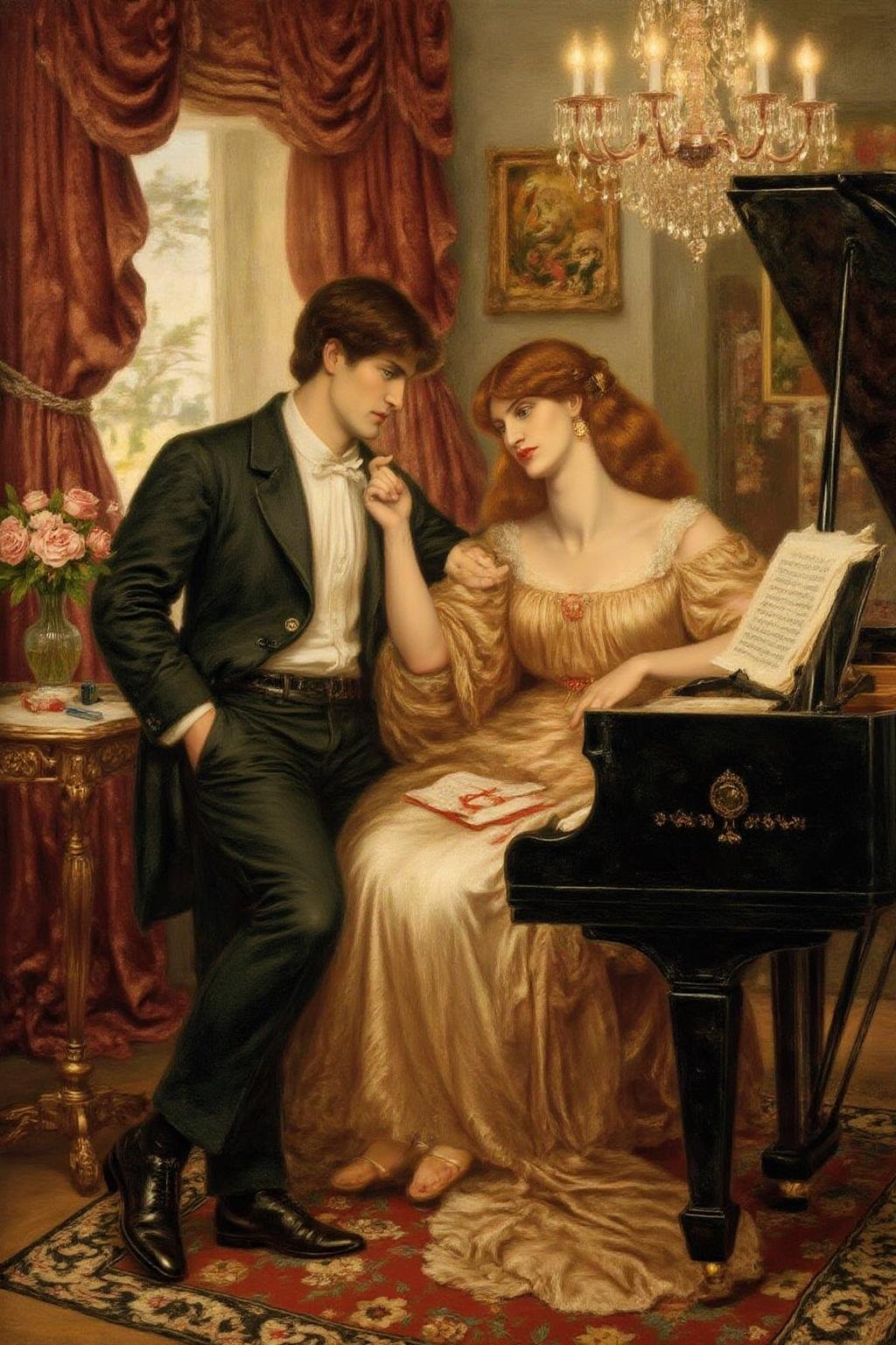 dgr painting.A romantic and elegant scene of a couple flirting beside a grand piano in a luxurious,  softly lit room. The...