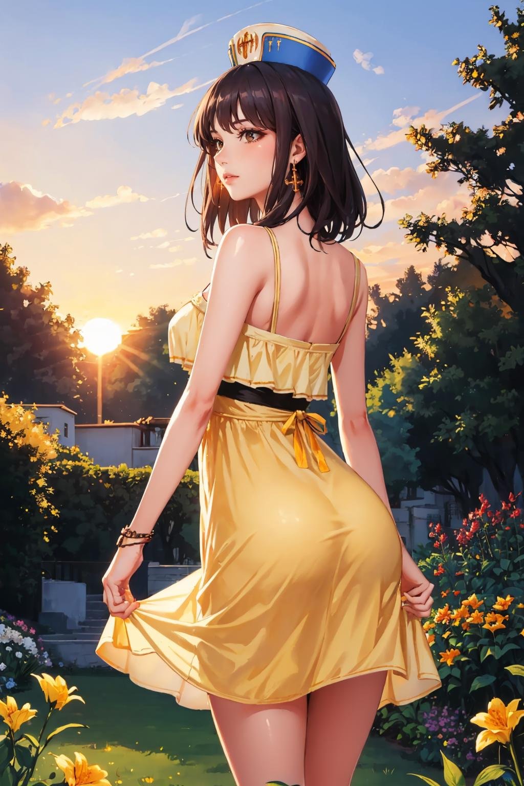 masterpiece, best quality, <lora:dnfcrusader-nvwls-v1-000010:0.9> dnfCrusader, hat, cross earrings, (yellow sundress:1.4), from behind, garden, sunset, large breasts