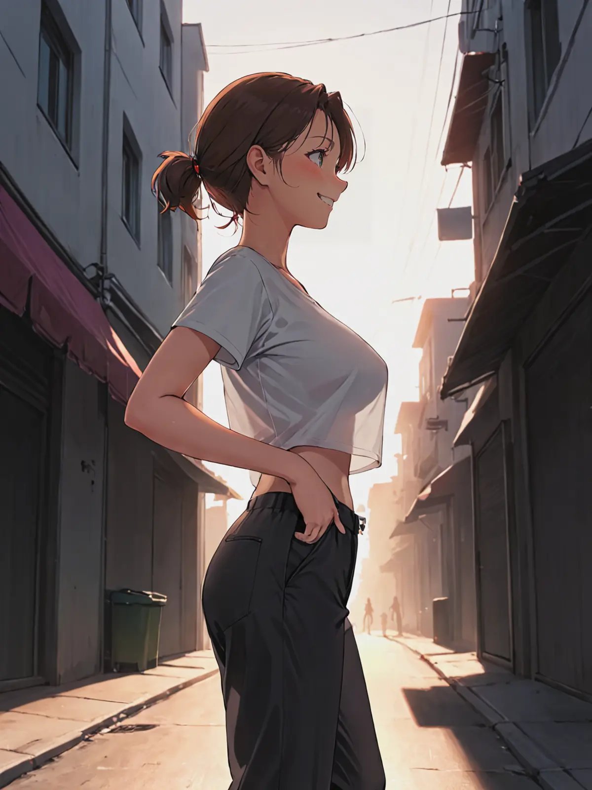 1girl, solo, smile, from side, dawn, on the street, trousers, whirt shirt, breasts silhouette, <lora:breasts silhouette XL:0.6> <lora:ClearHand-V2:1>