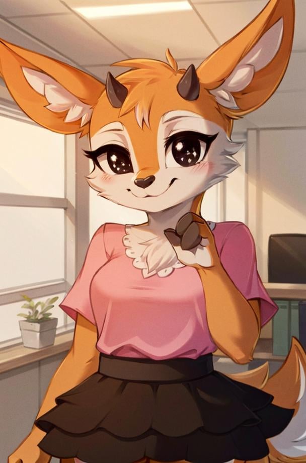 1girl, (anthro furry:1.2), TsunodaCzar, (two-toned fur, orange fur, black eyes, deer ears, horns, snout), (pink blouse, black skirt, smiling), (interior, office), (masterpiece:1.2), hires, ultra-high resolution, 8K, high quality, (sharp focus:1.2), clean, crisp, cinematic, <lora:Tsunoda-10:1>