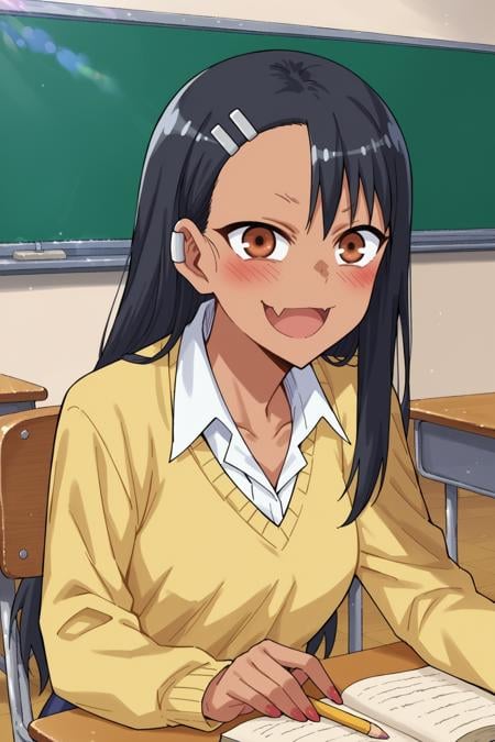 score_9, score_8_up, score_7_up, source_anime, <lora:nagatoro-multi-outfit_epoch_8:1> nagatoro hayase, outfit-yellow-pullover, blush, solo, dark skin, pencil, sitting, white shirt, brown eyes, classroom, shirt, bangs, school desk, dark-skinned female, black hair, eraser, hairclip, collared shirt, school uniform, earclip, 1girl, open mouth, asymmetrical bangs, nail polish, looking at viewer, skin fang, smile, chair, long sleeves, indoors, yellow sweater, :d, fang, sweater, hair ornament, long hair, chalkboard, book, desk