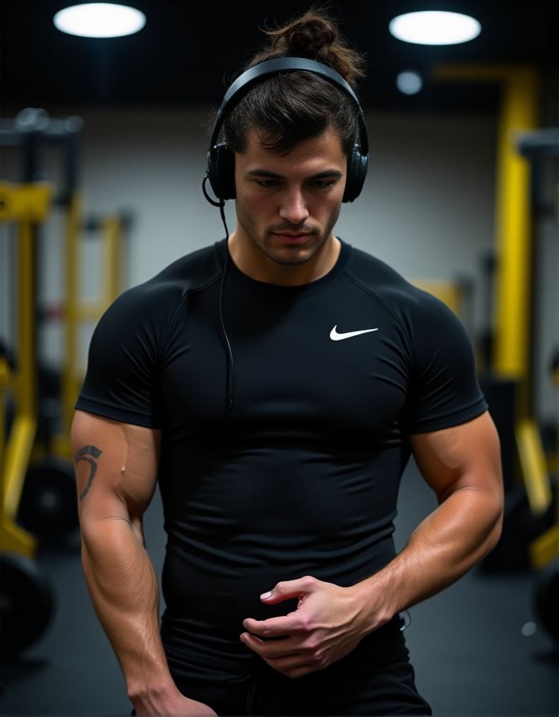 Rob Rausch ,  A detailed low-angle image. in exceptional quality. He is in a gym with a predominance of black and a little...