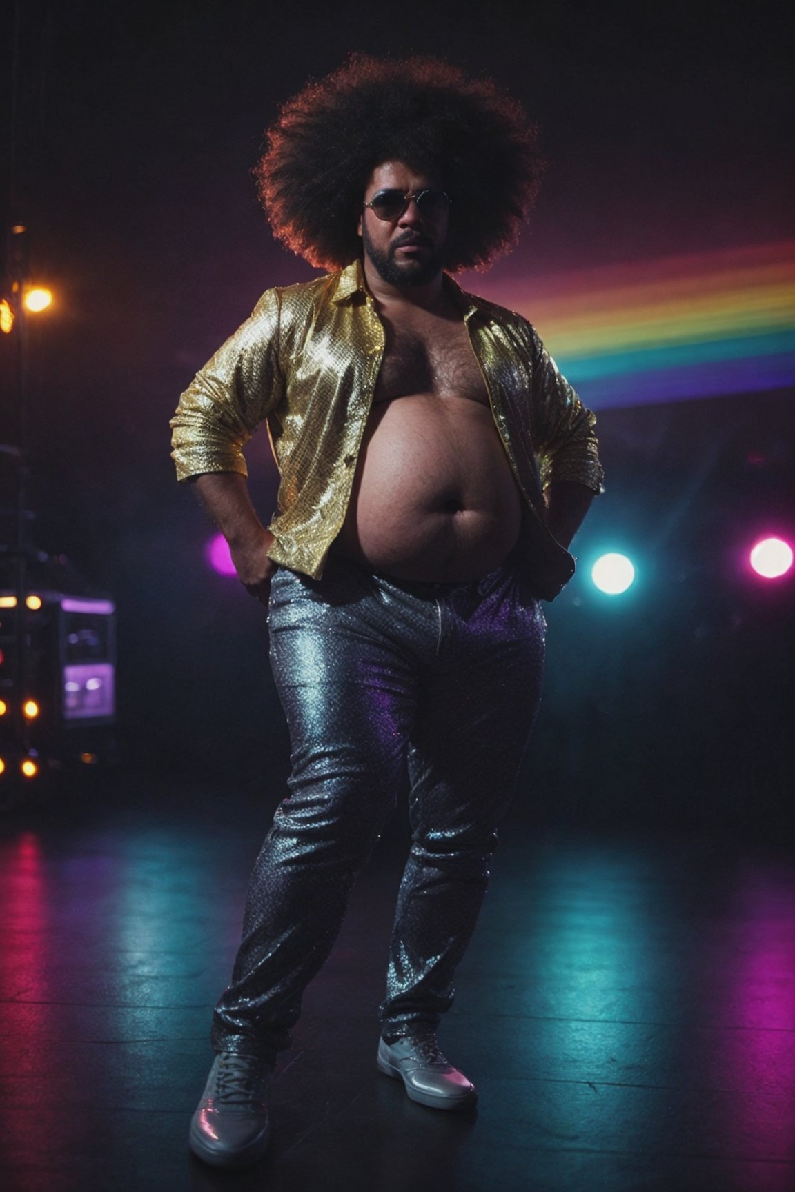 1man, african american, (50yo), (large, hairy overweight rugged man, middle aged), full body shot, disco, (80s, retro:1.2), dance floor, lasers, rainbow theme, a dancer man, sunglasses, big afro, (manly, wide jaw:1.2), dark skin, sparkly jacket, golden shirt, (vibrant colors:0.9), film grain, bokeh, fashion magazine, hdr, highly detailed photography, (muted colors, cinematic, dim colors, soothing tones:1.2), large belly, hairy, vibrant, insanely detailed, hyperdetailed, (dark shot:1.2), (vsco:0.3), (intricate details:0.9), (hdr, hyperdetailed:1.2), dancing, (smirk:0.7), disco pants, realistic, masterpiece, intricate details, detailed background, dynamic pose, RAW photo, dreamy soft focus, detailed photo, gorgeous, shallow depth of field, bokeh, volumetric lighting, iridescent skin, (surreal:0.4), hyper detailed photorealistic life-like accurate proportional 8k sharp focus, (accurate cinematic lighting), photorealistic detail, <lora:euphoriaStyleV19:0.5> cinematic film still, ray tracing, light refraction, reflections