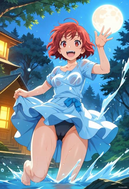 score_9,score_8_up,score_7_up,score_6_up,source_anime,night,moon,skirt lift,from below,1girl,red hair,curly hair,short hair,red eyes,wind,dress,black panties,cameltoe,waving,(standing on one leg:1.1),bare legs,collarbone,medium breasts,wet clothes,in water,laughing,splashing,wet,forest,barefoot,