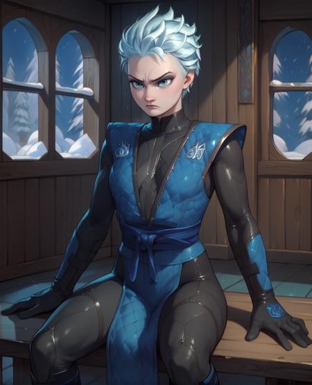 score_9,score_8_up,score_7_up,score_6_up,frostxl,blue eyes,short hair,serious,black bodysuit,blue short pelvic curtain,gloves,winter,indoors,frozen dojo,night,wall,sitting,<lora:FrostD:1>,