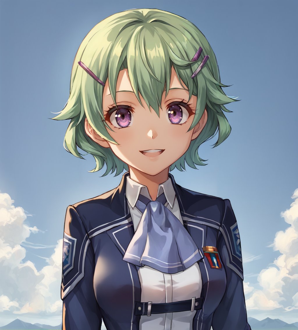 score_9, score_8_up, score_7_up, score_6_up, score_5_up, score_4_up, source_anime, rating_safeBREAK,<lora:TrailsOfColdSteel-ClassVII:0.9>, mussethors, green hair, short hair, hair ornament, purple eyes, medium breasts, blue ascot, school uniform, blue blazer, blue skirt, brown thigh boots,BREAK,1girl, solo, happy, looking at viewer, upper body, portrait,BREAK,sima_naotengBREAK,1girl, outdoors, sky, clouds, distant mountains,