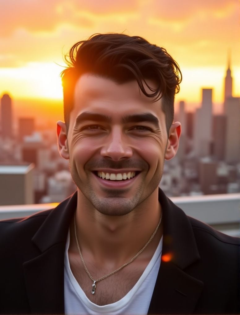 Joe Jonas ,  In the heart of a bustling city,  under the soft glow of a golden hour sunset by HottiesnHotties on Tensor.Art