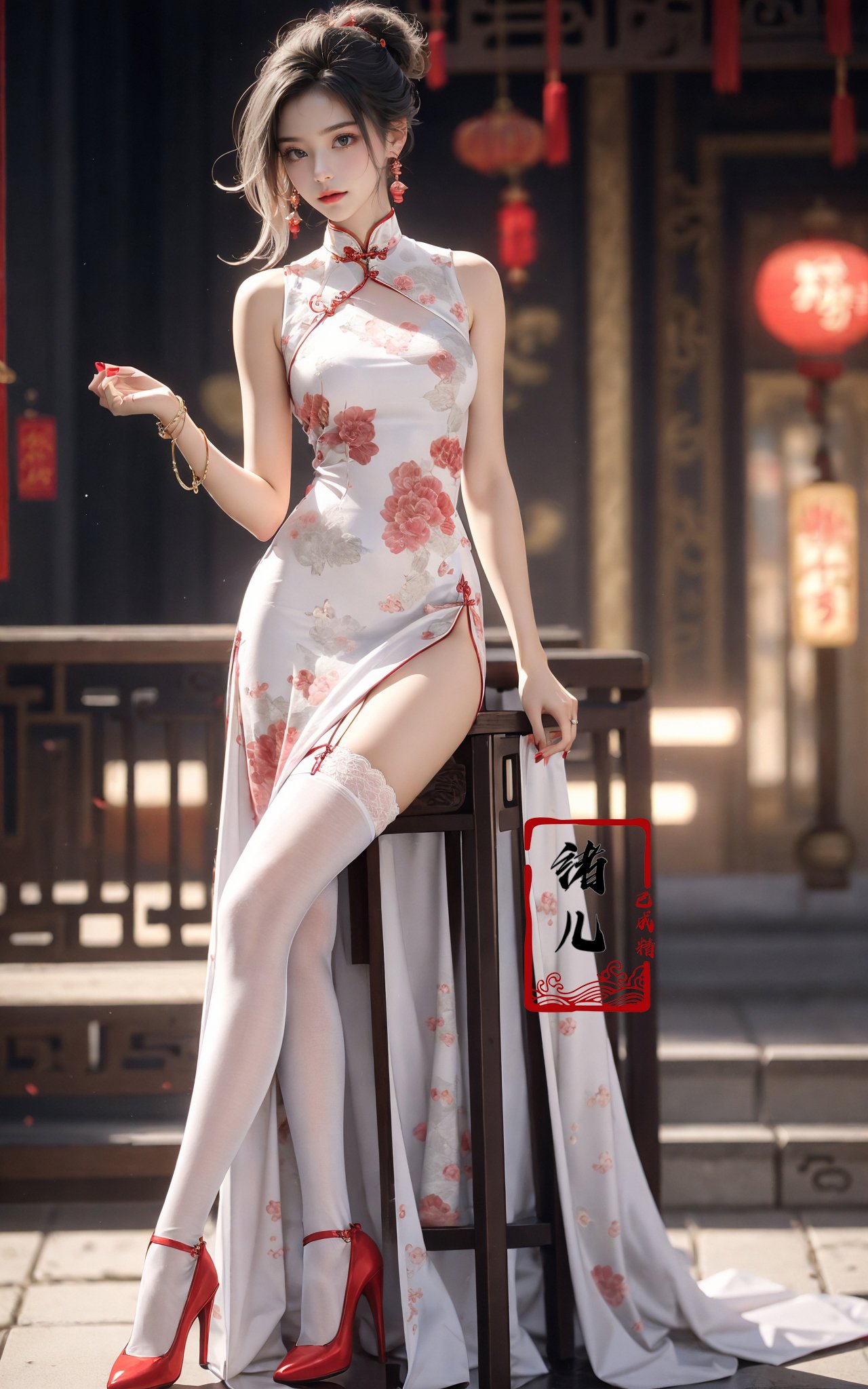 Black background,Fashion cheongsam，nail polish，lace trim，gradient，contrapposto，Red long dress，lace，red lips， (full body:0.8), white thighhighs,white hair，crossed legs，<lora:Fashion cheongsam_20231207093219:0.7>