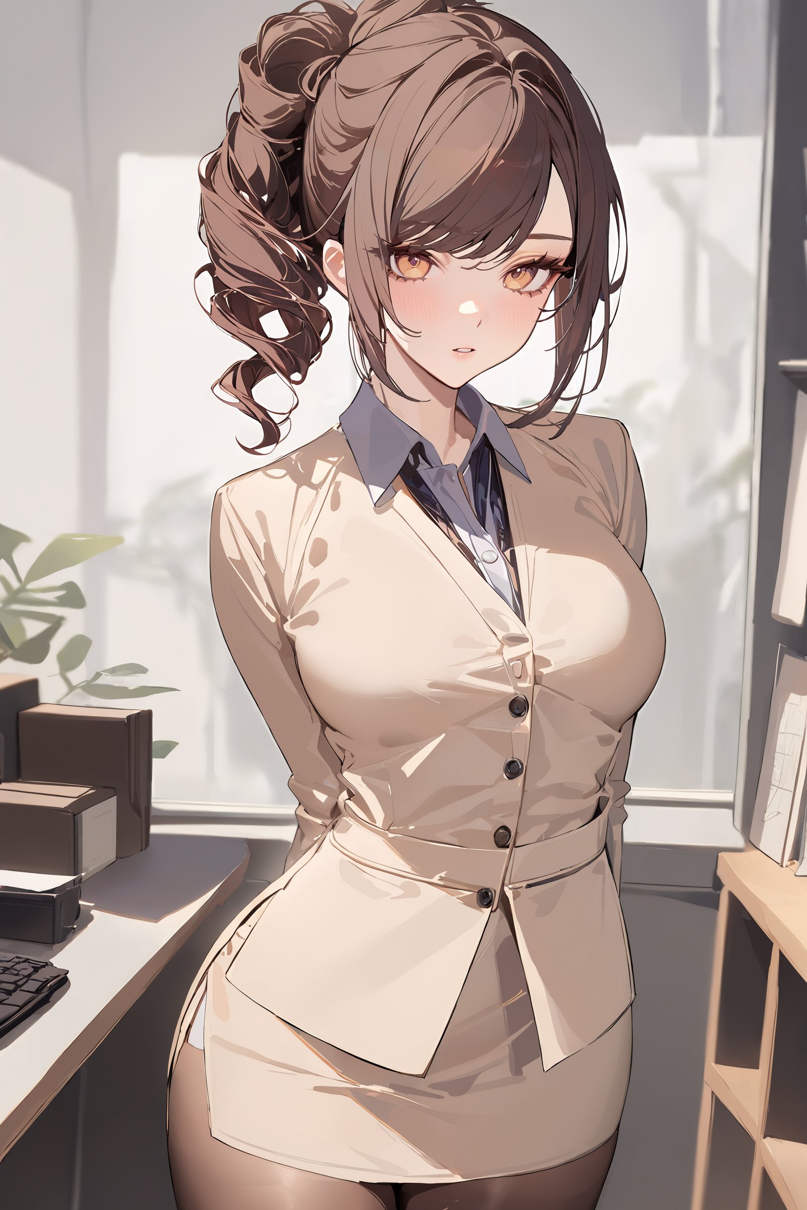 masterpiece, best quality, perfect features, intricate details, ray tracing, newest,(hitenkei, askzy:0.4), 1girl, chiori \(genshin impact\), office lady, collared shirt, pencil skirt, pantyhose, looking at viewer, parted lips, cowboy shot, office, indoors, depth of field <lora:Char-Genshin-Chiori-XL-V1:0.9>  <lora:quality1:0:hr=1>