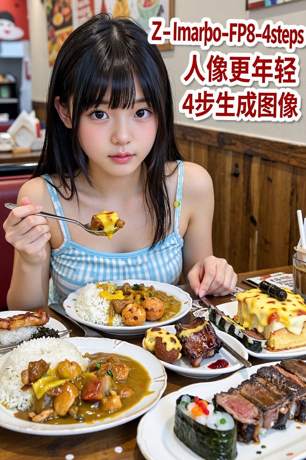 一位大约18岁的年轻亚裔女性坐在桌旁,  面向观众。她留着齐刘海的黑色长发,  皮肤白皙 by 天TIN on Tensor.Art