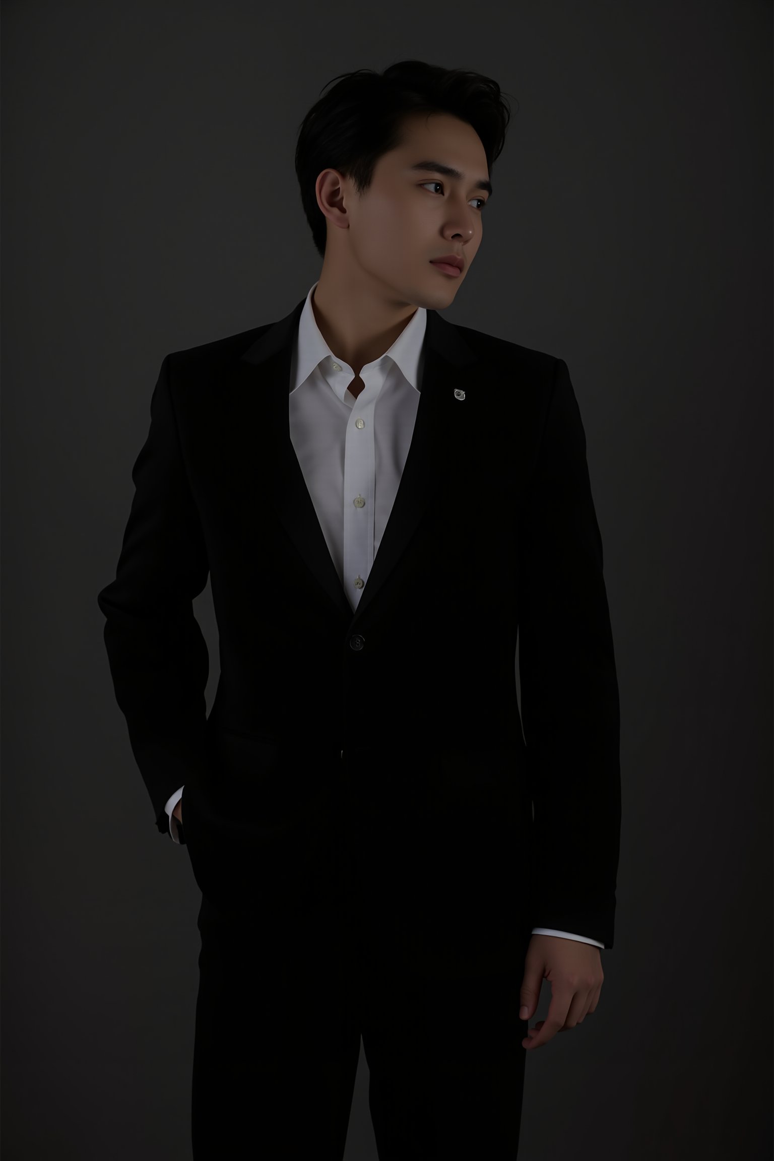 tianhai boy, photograph, young man in a black suit with a white shirt, standing against a dark gray background, contemplative expression, hand resting on his hip, short dark hair, minimalistic lighting, elegant and poised demeanor.<lora:光影人像v2.0:0.8>