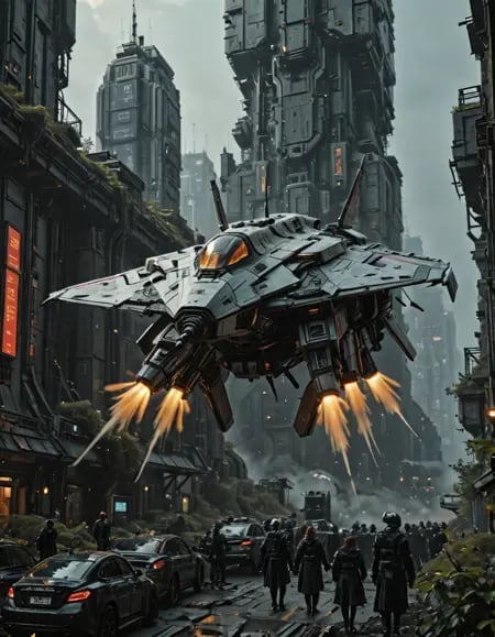 A massive,  angular spacecraft dominates the scene as it glides low through a dense futuristic city,  its white armored hu...