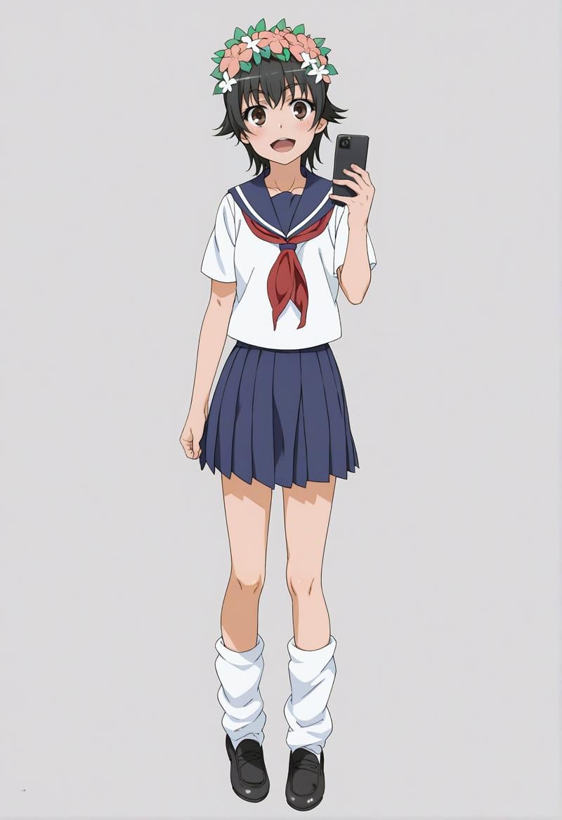 score_9, score_8_up, score_7_up, BREAK source_anime, toaru_as, uiharu kazari, 1girl, sakugawa school uniform, solo, skirt, school uniform, summer uniform, short hair, head wreath, black hair, serafuku, full body, simple background, pleated skirt, phone, flower, neckerchief, white background, socks, blue skirt, sailor collar, red neckerchief, white socks, open mouth, black footwear, blue sailor collar, shoes, hair ornament, white shirt, holding, smile, cellphone, shirt, hair flower, short sleeves, holding phone, standing, brown eyes, loafers, looking at viewer, :d, smartphone, pink flower, loose socks, <lora:Toaru_ASV4XL-EP10:1>