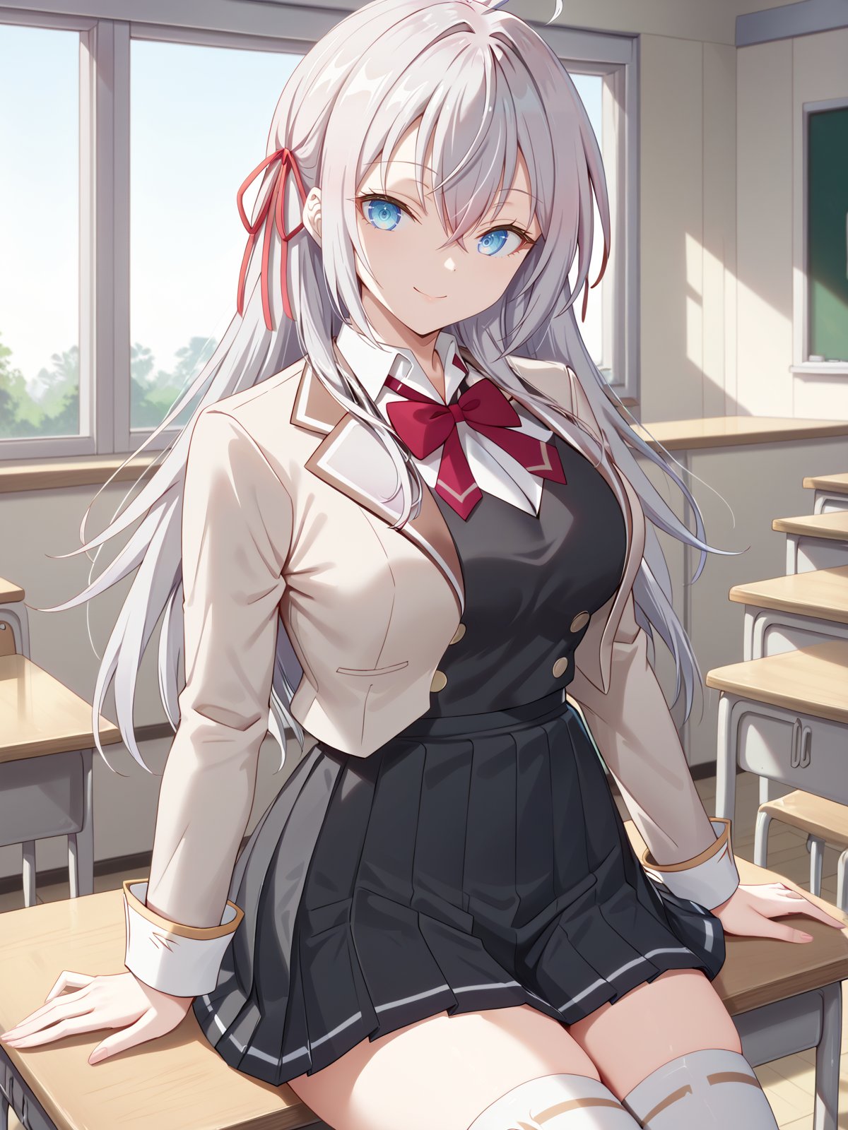 ((score_9)), ((score_8)),((looking at viewer)),smile, indoors, cowboy shot, classroom, sitting, on desk,  <lora:alya-sanV2-05:1>  ((alisa:1)), 1girl, long hair, ribbon, hair ribbon, blue eyes, grey hair, school uniform, ((blazer)),  ((Brown lapels:1.3)) shirt, white shirt, hair between eyes, bow, bowtie, long sleeves, collared shirt, skirt, pleated skirt, ahoge, red ribbon, red bow, thighhighs, black skirt, grey jacket , medium breasts, ((black vest)) <lora:add-detail-xl:1> 