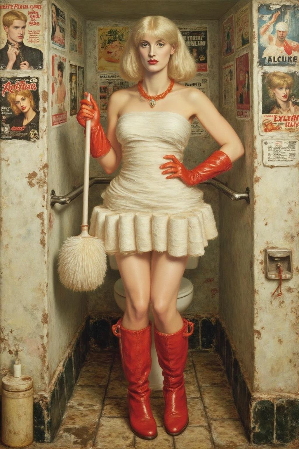 dgr painting.A slim Swedish woman stands confidently in a small,  dingy restroom. She platinum blonde bob haircut and a fr...