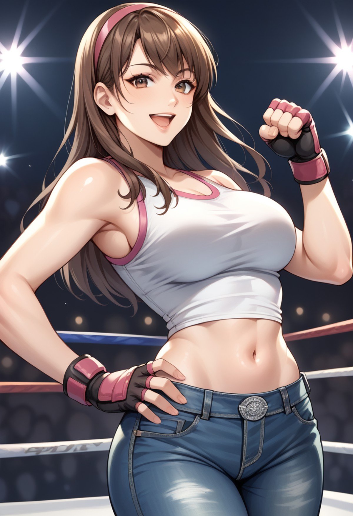 score_9, score_8_up, score_7_up, score_6_up, source_anime, BREAK masterpiece,  <lora:HitomiDOA:0.9>, HitomiDOA, brown hair, white tanktop, pink hairband, navel, fingerless gloves, jeans, smile, open mouth, hand on own hip, close-up, cowboy shot, raised fist, midriff, looking at viewer, wrestling ring, crowd, stage light, 