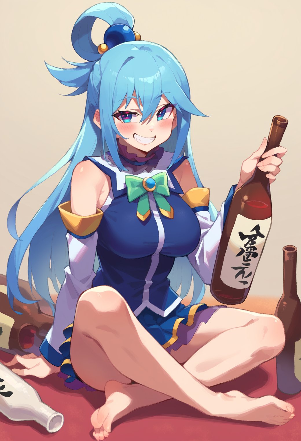 score_9, score_8_up, score_7_up, score_6_up, source anime, BREAK <lora:konosuba_aqua:0.8> auqapnxl, aqua \(konosuba\), 1girl, solo, barefoot, feet, long hair, legs, toes, bottle, smile, looking at viewer, sitting, holding, full body, bare shoulders, hair rings, blue shirt, bare legs, large breasts, holding bottle, blush, grin, hair between eyes, sake bottle,