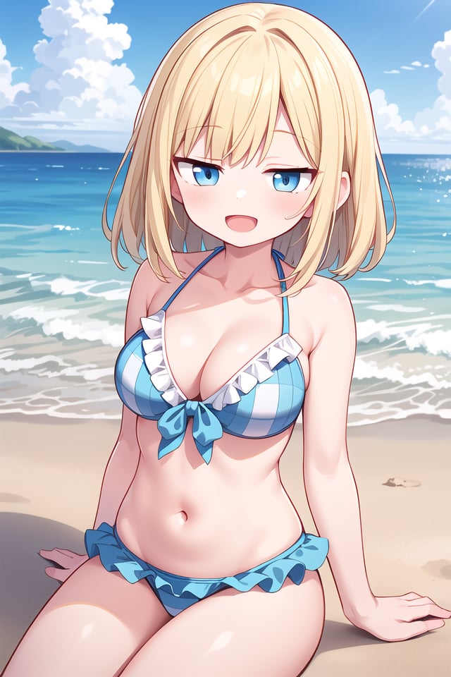 insanely detailed, absurdres, ultra-highres, ultra-detailed, best quality,(wearing pastel blue pink bikini with checked pattern with frills:1.3),1 girl, solo, happy smile, laugh, open mouth,BREAKsitting on beach, dynamic pose, cowboy shot, looking at viewer,slender, kawaii, perfect symmetrical face, ultra cute girl, ultra cute face, ultra detailed eyes, ultra detailed hair, ultra cute, ultra beautiful,BREAKbeach, coast, ocean, blue sky, cloud, outdoor, ultra detailed background,large breasts, cleavage, (blonde medium hair, blue eyes:1.2)