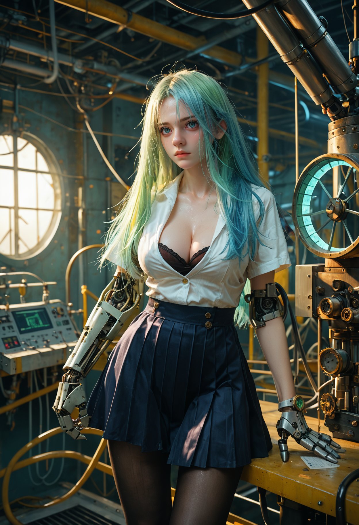 score_9,score_8_up,score_7_up,masterpiece,best quality,8k,dramatic lighting,cold colors,night,steampunk,laboratory,complex scenes,intricate mechanical structure,pipeline,piping,paper wheel,metallic luster,the girl sat in front of the test bench and did a serious experiment,large_breasts,black_pantyhose,broken pantyhose,cleavage,skirt,very long hair,mechanical arm,glowing hair,white gradient hair,