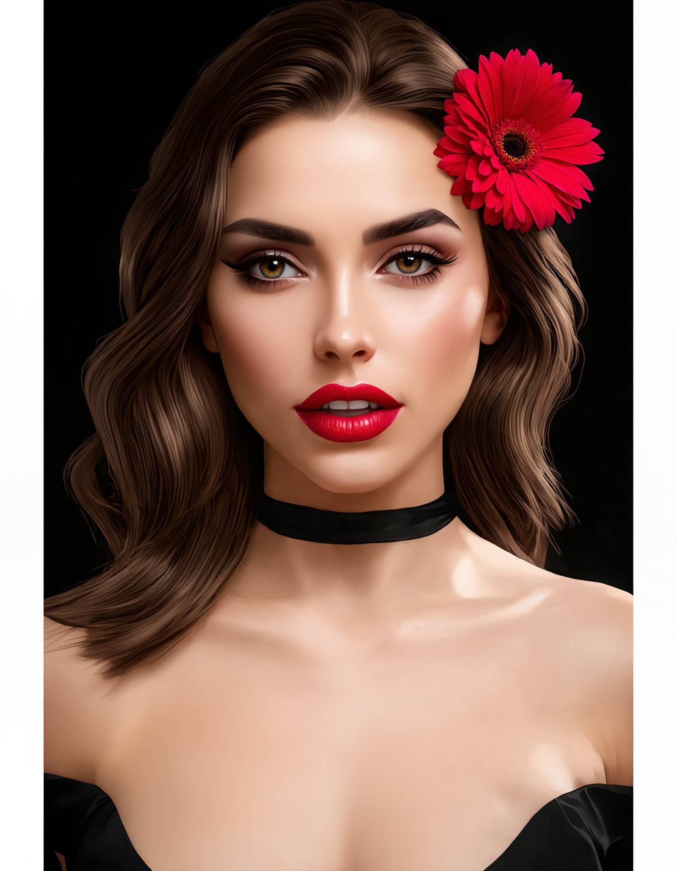 (best quality, 4k, 8k, highres, masterpiece), ultra-detailed, face makeup, cosmetic makeup, woman, simple background, brown hair, hair ornament, brown eyes, collarbone, flower, parted lips, teeth, hair flower, mole, black eyes, eyelashes, lips, makeup, black background, portrait, red flower, lipstick, realistic, red lips, photorealistic, makeup_slider_v1_sd3m.safetensors