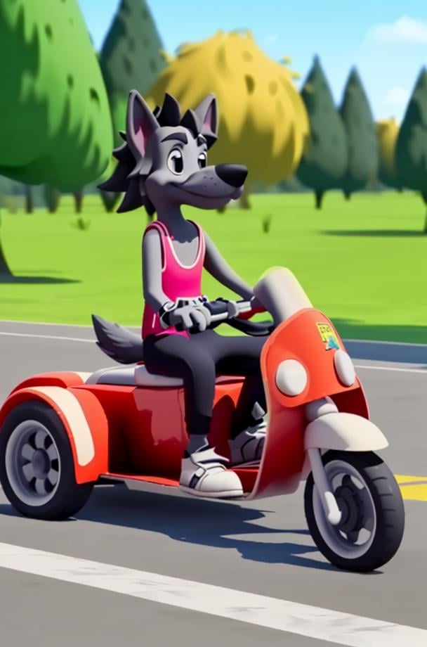 NuPogodiNewWolf, (outdoors, driving, driving a go-kart), (tank top, watch, shoes, tail), (masterpiece:1.2), 3D, Unreal Engine Render, hires, ultra-high resolution, 8K, high quality, (sharp focus:1.2), clean, crisp, cinematic, <lora:Vlk-18:0.7>