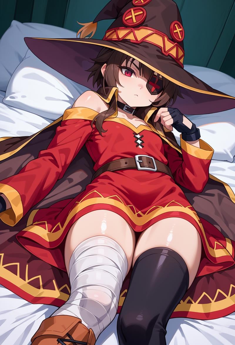 score_9, score_7_up, source_anime, BREAK <lora:AEMegumin-000009:1> AEMegumindef, red eyes, Brown hair,  Belt choker, red dress, off-shoulder dress, Black gloves, fingerless gloves, Belt, mismatched legwear, asymmetrical legwear, bandaged leg, black thighhighs, knee boots, hat, red eyepatch, Black cape, expressionless, on stomach, 